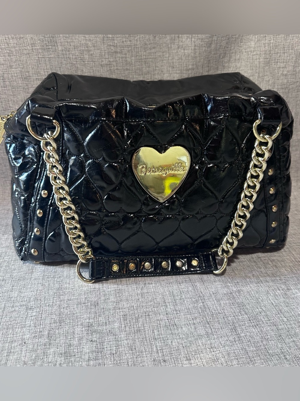 Betsey Johnson Black Quilted Patent Shoulder Bag with Gold Heart Accent